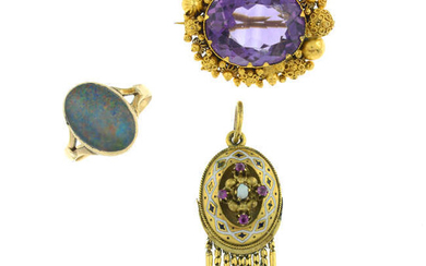 Two late 19th century gem-set jewellery items and a later opal triplet ring.