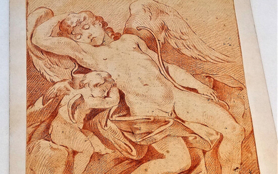 UNBEKANNTER ITALIENSICHER KÜNSTLER. Study of two sleeping Cupids, red chalk drawing, 18th century.
