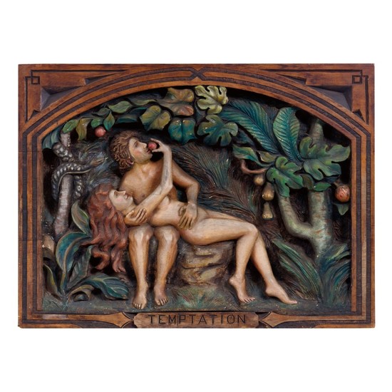 VERY FINE AND RARE CARVED AND POLYCHROME PAINT-DECORATED WOODEN PANEL OF TEMPTATION, HENRI (HENRY) BERNHARDT (B. 1870), SPARTANBURG, SOUTH CAROLINA, CIRCA 1935