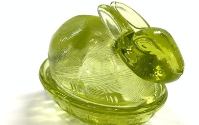 Vaseline Glass Rabbit Trinket Box W Lid