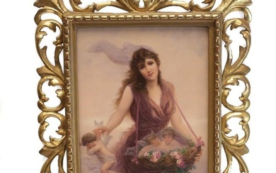 Very Fine KPM Porcelain Plaque Beauty Collecting Cherubs, c1890. signed Walther