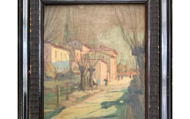 Ugo Savorana ( Modigliana 1890 - Forlì 1984 ) , "Viale" 1942, olio su compensato (cm 41,5x32) Firmato e datato al retro. In cornice