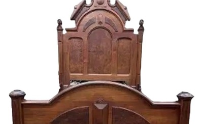Victorian Walnut Highback Bed w/ Carved Top and Burled Panels - 102"T - 57"W - 73"D