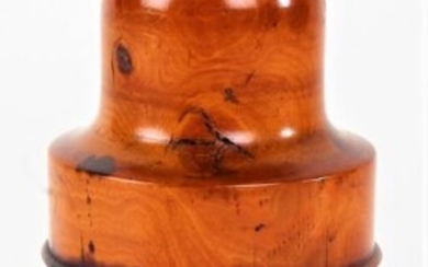 Victorian yew wood bottle case and bottle, with a stamp to the lid Mawson & Thompson, 14cm high