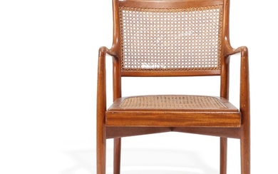 Vilhelm Lauritzen, ascribed to: Armchair with cuba mahogany frame, back with French cane, reversible seat. Manufactured by Fritz Hansen.