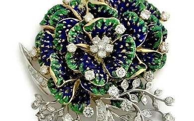 Vintage 1950's Blue Green Enamel Diamond Flower Brooch 18K Yellow Gold, 43.74 Gr