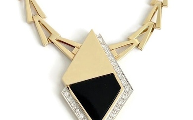 Vintage Black Onyx Diamond Geometric Pendant Necklace 14K Yellow Gold 28.50 Gr