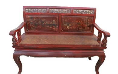Vintage Chinese red wood & wicker bench
