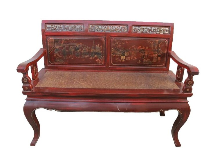 Vintage Chinese red wood & wicker bench