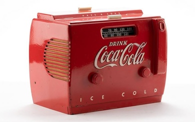 Vintage Coca-Cola Radio in playing order, shaped like a reach-in cooler, complete with antenna