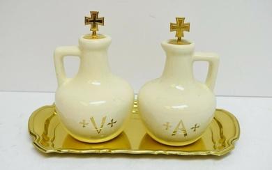Vintage Pair of 6 1/4" Ceramic Cruets with Tray + Cruet