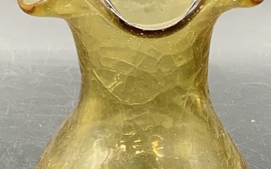 Vintage Yellow Ruffle Rim Crackle Art Glass Vase