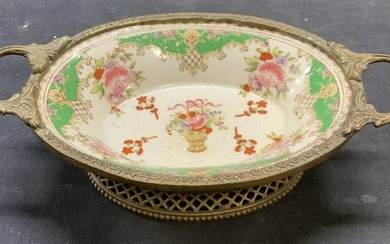 Vtg Chinese Porcelain & Brass Footed Bowl