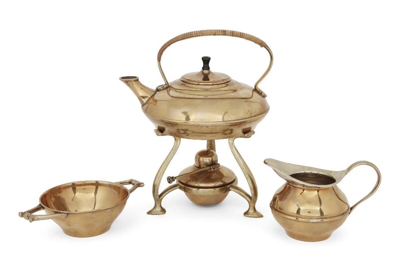 W.A.S. Benson, British, 1854-1924, a brass kettle, stand and burner, c.1900, stamped WASB with hammers in a shield, the kettle having an overhead cane-bound handle, the three-legged stand united by a hoop that supports the burner; together with a...