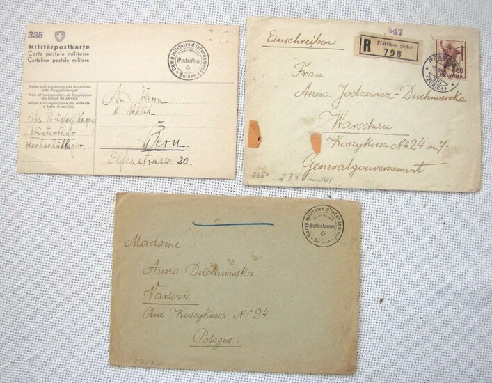 WWII Internee Camp in Switzerland -3 Post Items of Polish Jewish Officers, 1941-42, Censorship
