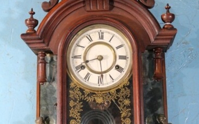 Walnut Victorian mantle clock with pendulum and key