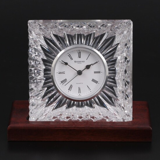 Waterford Crystal Giftware Square Desk Clock on Wood Base, Contemporary