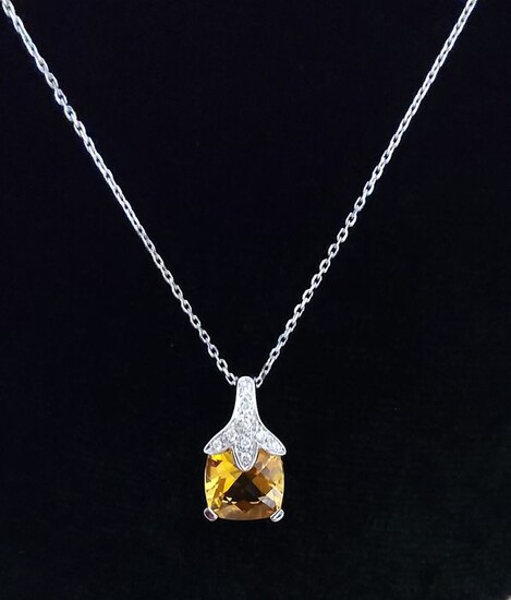 White gold - 18 kt white gold - Necklace with citrine pendant - Diamonds
