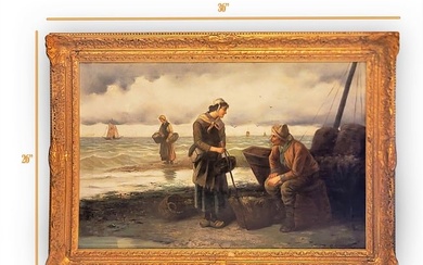 Woman & Fisherman, A Late 19th C. Oil On Canvas Framed Painting, Signed