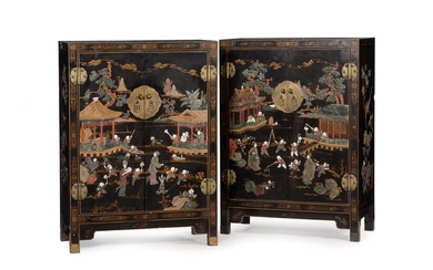 Y A pair of Chinese black lacquer and hardstone inlaid cabinets