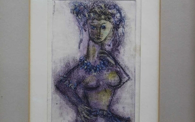 Yahuda Bacon (b.1929) signed hand coloured etching - Dancing Girl, 1961 provenance verso, in glazed frame, 25cm x 12cm