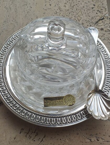 cheese bowl - .800 silver, and authentic and certified Bohemia crystal - Italy - 1970