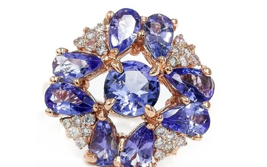 *no reserve* 2.80 ct Blue Tanzanite & 0.20 ct N.Fancy Pink Diamond Designer Ring - 3.62 gr - 14 kt. Pink gold - Ring Tanzanite - Diamond