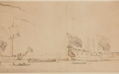 van de VELDE Willem (Leyde 1633 - Londres 1707) Inauguration d'un navire de ligne Lavis...