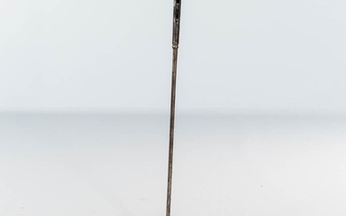 Standing Wrought Iron Push-up Candlestick, 18th/19th century, on a tall iron post with four scrolling feet, ht. 35 1/4 in.