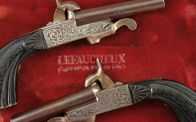 A PAIR OF CASED SINGLE SHOT PIN-FIRE PISTOLS BY LEFAUCHEUX