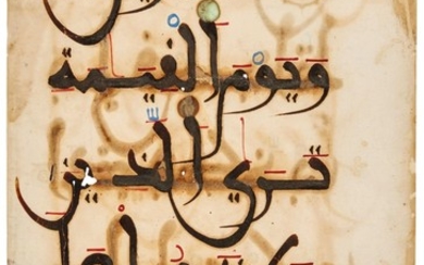 AN ILLUMINATED QUR'AN LEAF IN MAGHRIBI SCRIPT, ANDALUSIA, LATE 12TH-13TH CENTURY AD