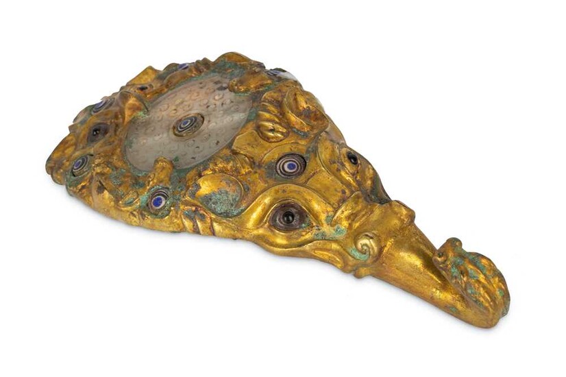 A Chinese jade-inlaid gilt-bronze hook.