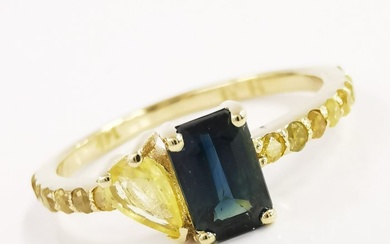 1.15 ct mix color sapphire & 0.37 ct fancy vivid yellow diamonds designer ring - 14 kt. Yellow gold - Ring Sapphire - Diamonds