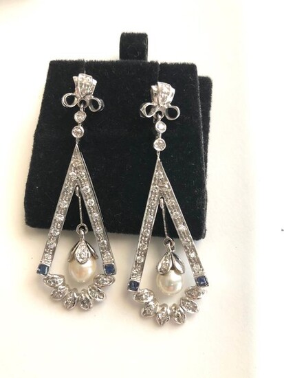 14 kt. Akoya pearls, White gold, 6.5 mm - Earrings - Diamonds, Sapphires
