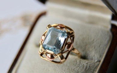 14 kt. Pink gold, Yellow gold - Antique Ring - 3.00 ct Aquamarine (tested) - Handcrafted Germany