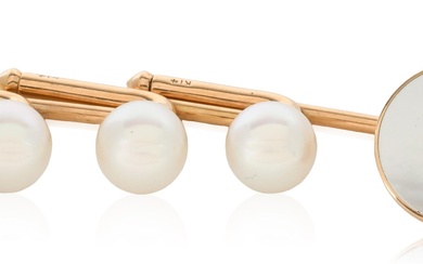 14K YELLOW GOLD PEARL AND MOTHER OF PEARL CUFFLINK AND STUD SET