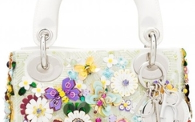 16003: Christian Dior White Satin & Multicolor Flower E