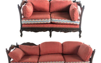 Country French style upholstered sofa and love seat