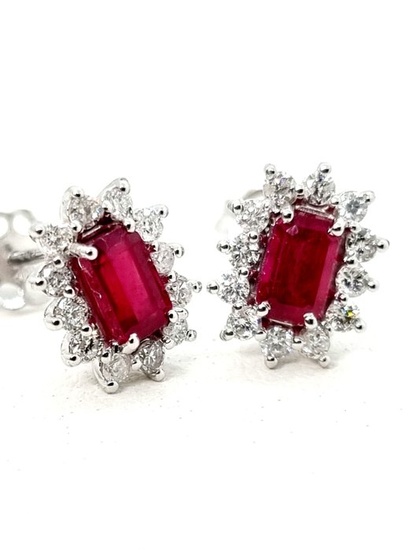 18 kt. White gold - Earrings - 1.15 ct Ruby - Diamonds