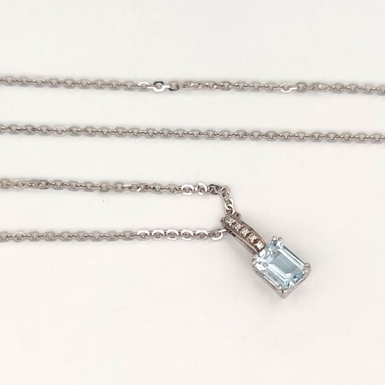 18 kt. White gold - Necklace with pendant - 0.05 ct Diamonds - Ct 1.70 Aquamarine