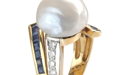 18 kt. Yellow gold - Ring South Sea Pearl - Diamonds, Sapphire