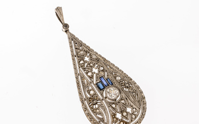 18 kt gold Art-Deco diamond-sapphire-pendant , WG 750/000, probably german,...