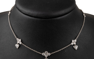 18 kt gold diamond-necklace , WG 750/000, 3 diamond-hearts and...