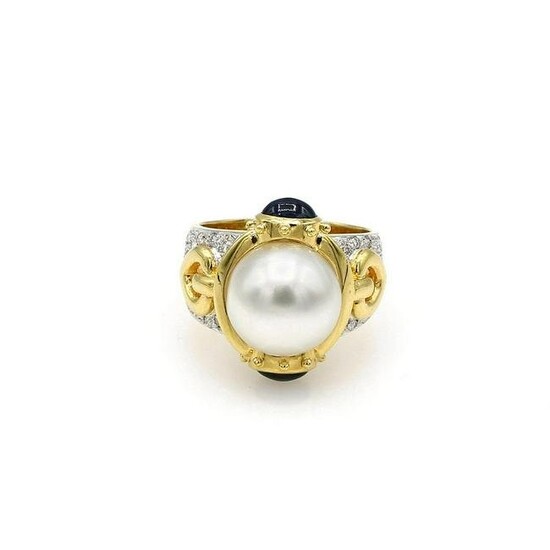 18K YG South Sea Pearl Sapphire & Diamond Cocktail Ring