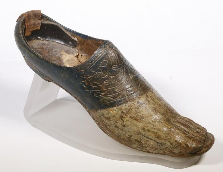 18TH C. CARVED AND PAINTED WOODEN SHOE ON LUCITE STAND
