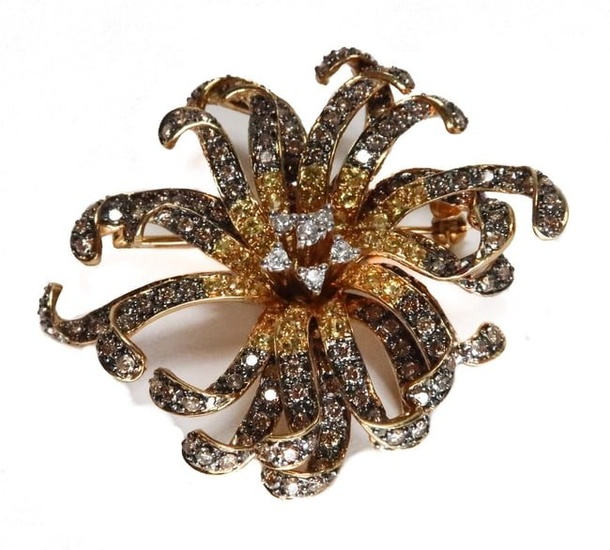 18k Yellow Gold White and Brown Diamonds, Citrine Flower Brooch Pin