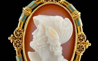 18th C. Neoclassical Gold Enamel Brooch Agate Cameo