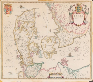 1907/103: Johan Blaeu: "Dania Regnum". Map of Denmark. Handcoloured engraving. Sheet size 45 x 54 cm. Unframed.