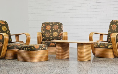 1950s pretzel five piece cane suite incl. coffee table, foot stool & lounge chairs with original upholstery (armchairs 90 x 75 x 82cm)