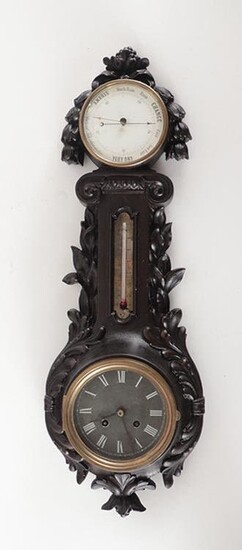19TH C. CAST IRON CLOCK BAROMETER & THERMOMETER